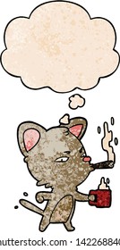 cartoon cat with coffee and cigar with thought bubble in grunge texture style