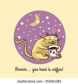 Cartoon cat, coffee cup, winter, vector, banner, illustration