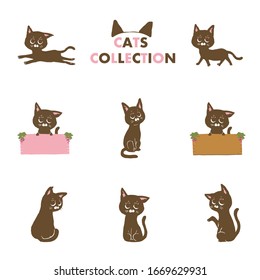 Cartoon cat collection with different poses and emotions. Black cats. Vector illustration on white background.