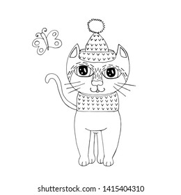 Cartoon cat for coloring book or pages. Sweet black line cat. Cat coloring.
