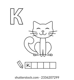 Cartoon cat coloring pages. Learning game for small children - write a word in Russian language. Vector alphabet for kids