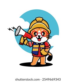 Cartoon cat in construction gear with a megaphone, standing against a blue sky background