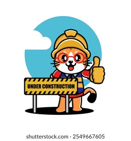 Cartoon cat in construction gear with Under Construction sign and thumbs up