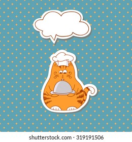 Cartoon cat cook with bubble speech on dots background. Vector illustration.