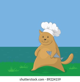 Cartoon, cat cook in hat with fish on the sea coast. Vector