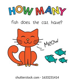 Cartoon cat counting game. Vector illustration for children education. How many fish does the cat have