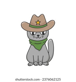 Cartoon cat cowboy in Western sheriff hat and bandana. Funny adorable animal in country style. Wild West clipart. Vector illustration isolated on white background