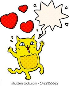 cartoon cat crazy in love with speech bubble in comic book style