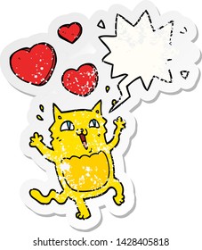 cartoon cat crazy in love with speech bubble distressed distressed old sticker