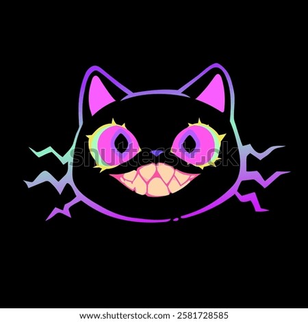 Cartoon cat with a crazy wide smile and bright eyes