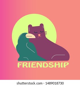 Cartoon cat with crow friendship vector illustration