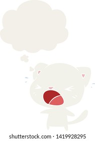 cartoon cat crying with thought bubble in retro style