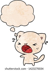cartoon cat crying with thought bubble in grunge texture style