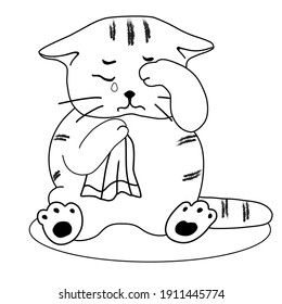 Gato de caricatura llorando. Dibujo de líneas negras y blancas para diseños de niños