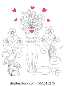 Cartoon cat with cup, flowers and hearts for Valentine greeting card, invitation, wedding, romantic holiday, for adult and child coloring book. eps 10