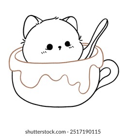 a cartoon cat is in a cup of sauce with a spoon on it