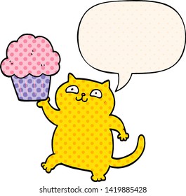 cartoon cat with cupcake with speech bubble in comic book style