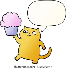 cartoon cat with cupcake with speech bubble in smooth gradient style