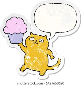 cartoon cat with cupcake with speech bubble distressed distressed old sticker