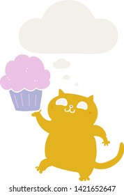 cartoon cat with cupcake with thought bubble in retro style