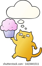 cartoon cat with cupcake with thought bubble in smooth gradient style