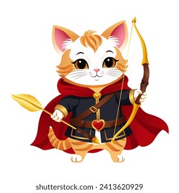 Cartoon cat cupid with a golden bow and arrow. Cat Archer is a cute character in a red cape, rich clothes with a belt and a heart buckle. Vector illustration.