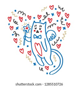 Cartoon cat Cupid with a pattern of hearts. Valentine's day card, save the date card Animal in a big heart
