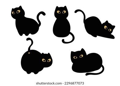 Cartoon cat, Cute cat vector set, Black cat collection, Set of purebred pet animals isolated on white background.