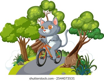 A cartoon cat cycling through a forest path