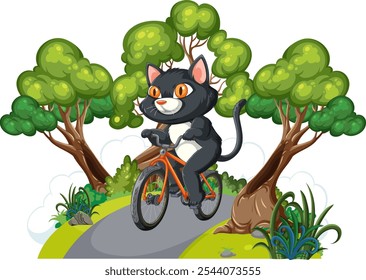 A cartoon cat cycling through a forest path