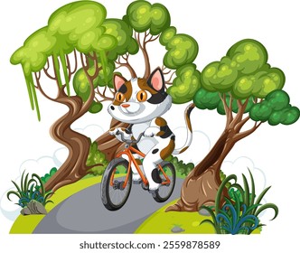 A cartoon cat cycling through a lush forest