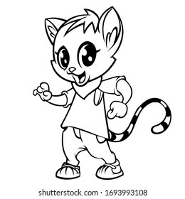 Cartoon cat dancing. Vector illustration outlined. Design for coloring book