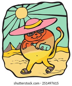 Cartoon cat in the desert, colored vector illustration