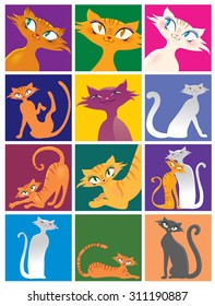 Cartoon cat of different pose and color