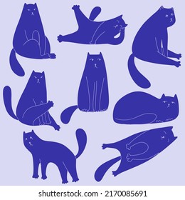 El gato de caricatura con diferentes poses y emociones dibujadas al estilo del doodle. Comportamiento del gato, lenguaje corporal y expresiones faciales. Ilustración vectorial.