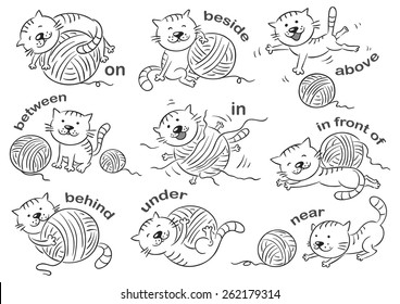 Cartoon cat in different poses to illustrate the prepositions of place, black and white