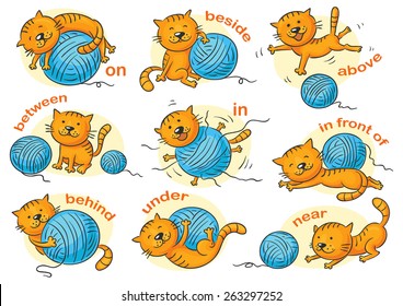 Cartoon cat in different poses to illustrate the prepositions of place, no gradients