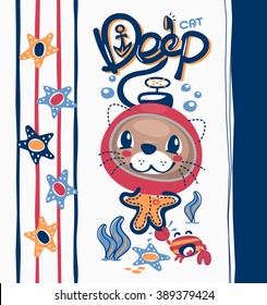Cartoon a cat diving with crab under deep water on white background illustration vector.