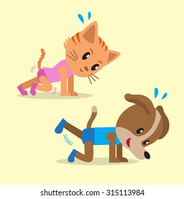 Cartoon cat and dog doing exercise together