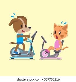 Cartoon cat and dog doing exercise with exercise bike and elliptical machines