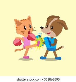 Cartoon cat and dog doing kickboxing training