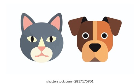 Cartoon cat and dog faces in gray and brown colors with expressive eyes and playful appearance suitable for pet or animal themed content