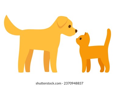 Cartoon cat and dog facing each other, simple cartoon flat icon. Golden labrador and ginger kitty. Cute vector clip art illustration.