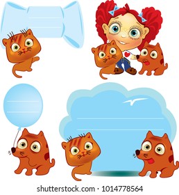 cartoon cat and dog, girl child with dog and cat, board for information