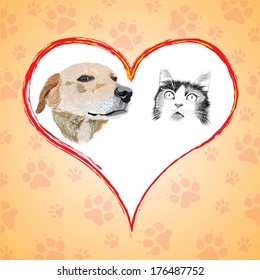 Cartoon cat and dog with heart.