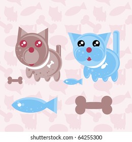 Cartoon Cat and Dog Icons with food symbols (fish, bone) on seamless background