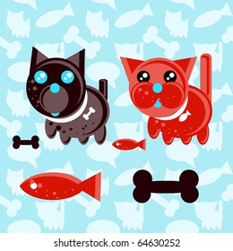 Cartoon Cat and Dog Icons with food symbols (fish, bone) on seamless background
