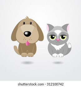 Cartoon cat and dog isolated on white background. Vector illustration