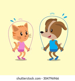 Cartoon a cat and a dog jumping ropes together