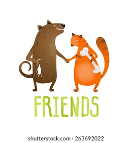 Cartoon Cat Dog with Mouse and Bone. Cartoon cat and dog feeding each other on a white background. Vector EPS10.